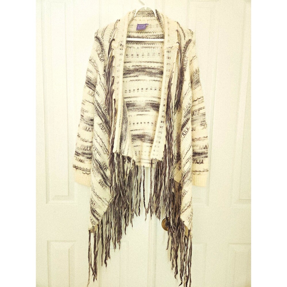 Michelle Nicole Med Fringe Open Wrap Cardigan Southwestern Boho Ivory Gray